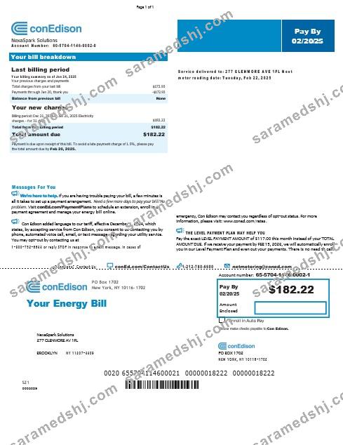 USA New York Conedison business utility bill Word and PDF template, version 2